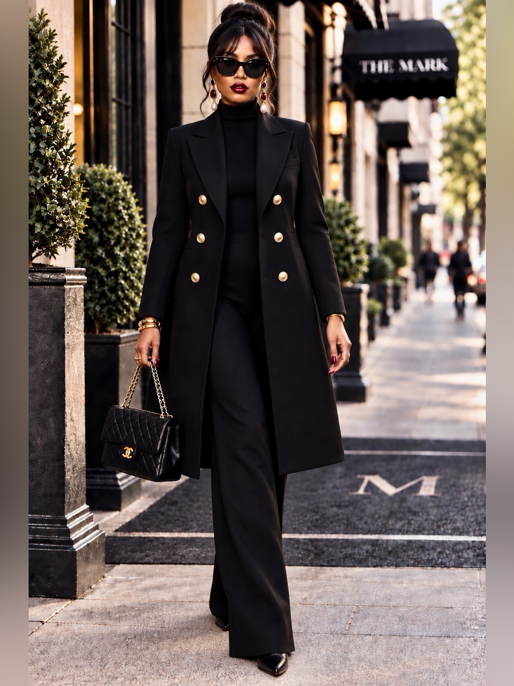 Zara Basic Black Wool Blend Double Breasted Gold Button Coat M